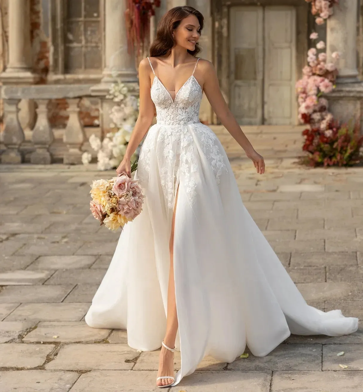 ankle-length dress crossword clue Chic White A-Line Spaghetti Strap V-Neck Sleeveless Long Tulle Split Front Wedding Dresses With Appliques
