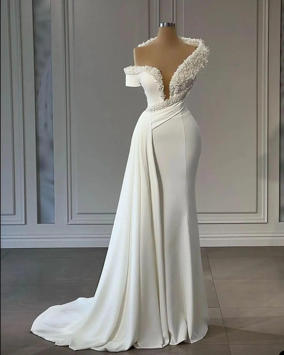 slim fit dress slacks San Patrick Capricho Size 12 Long Fit & Flare One Shoulder Wedding Dress Bridal main image 1