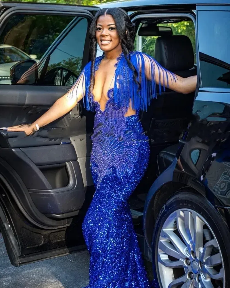 Blue Crystal Sequin Mermaid Blue sparkly prom dress for Black Girls - Sheer Neck, Perfect for Birthday Parties and Special Occasions