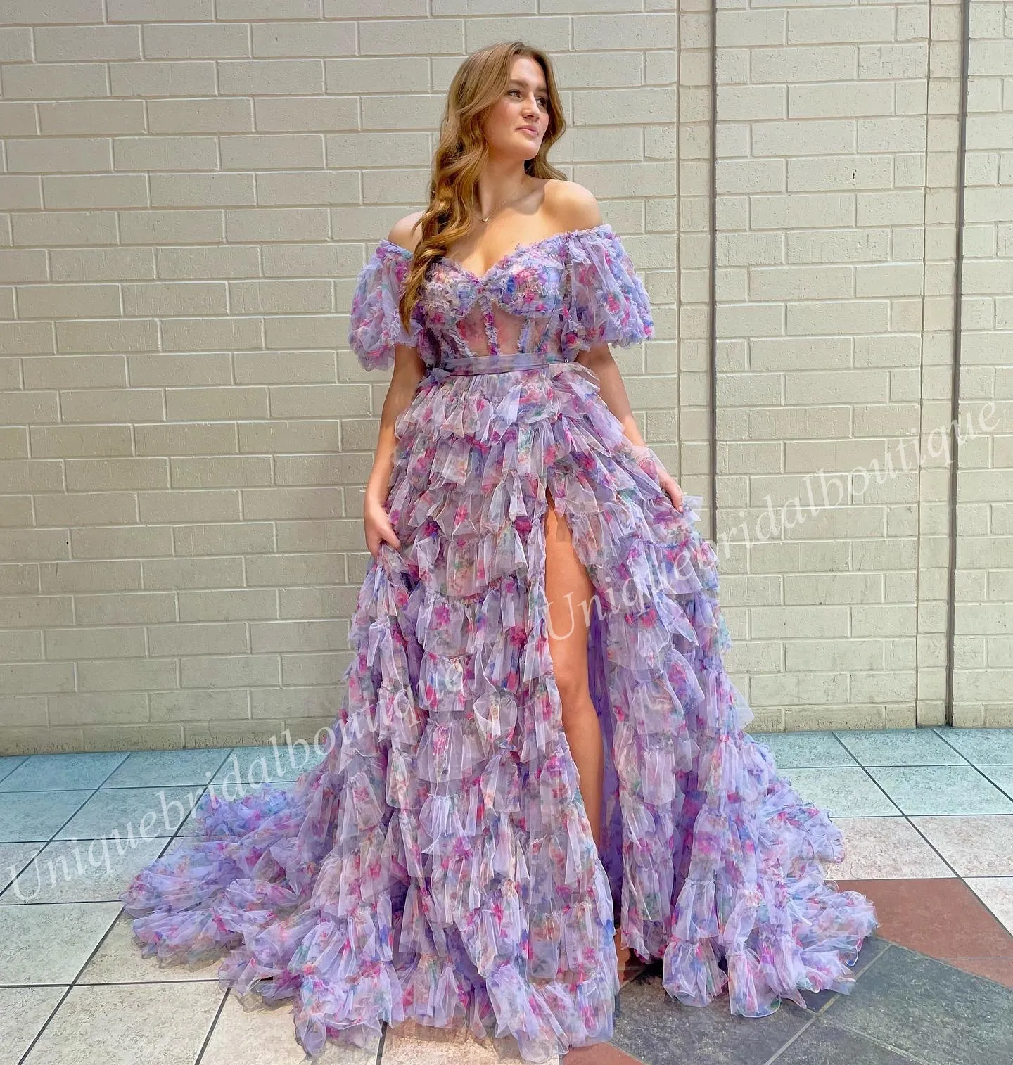 Flowers Ruffles Purple Sweetheart Prom Dress Flowers Ruffles Purple Sweetheart Prom Dress