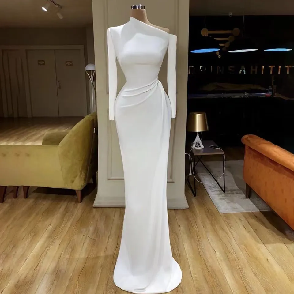 Elegant Long Satin Ivory Evening Dress Mermaid One-Shoulder Pleated Zipper  Back Watteau Train Formal Party Gown from Dhgate Evening Dresses - price  95.87