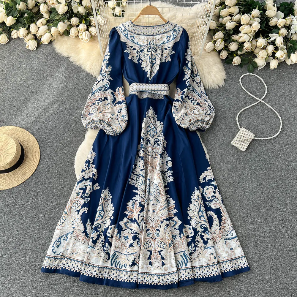 Casual Dresses Designer Runway Women V Neck Maxi Dress Elegant Spring Flower Print Green Lacu Up Bow Ladies Holiday Long Vestidos