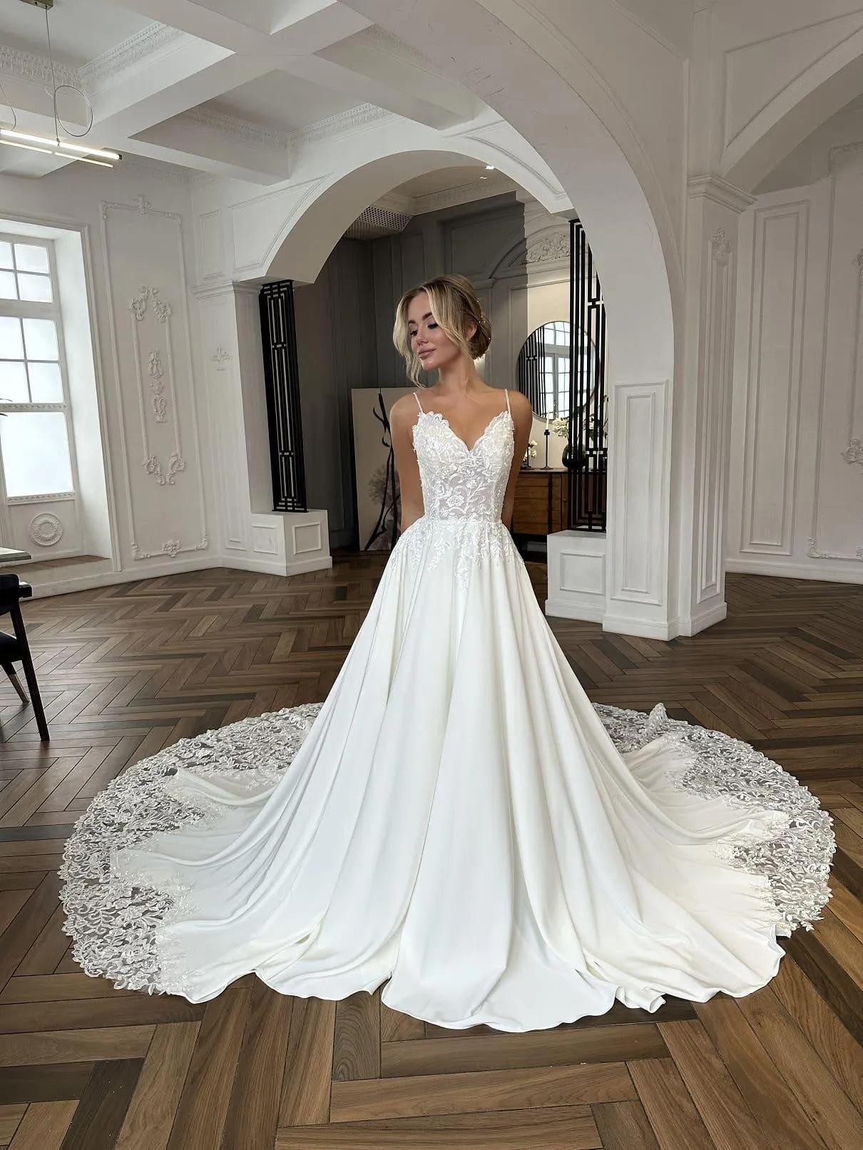 2024 Elegant Satin a line wedding ss with Spaghetti Straps, Beaded Embroidery, Appliques, e, and Backless