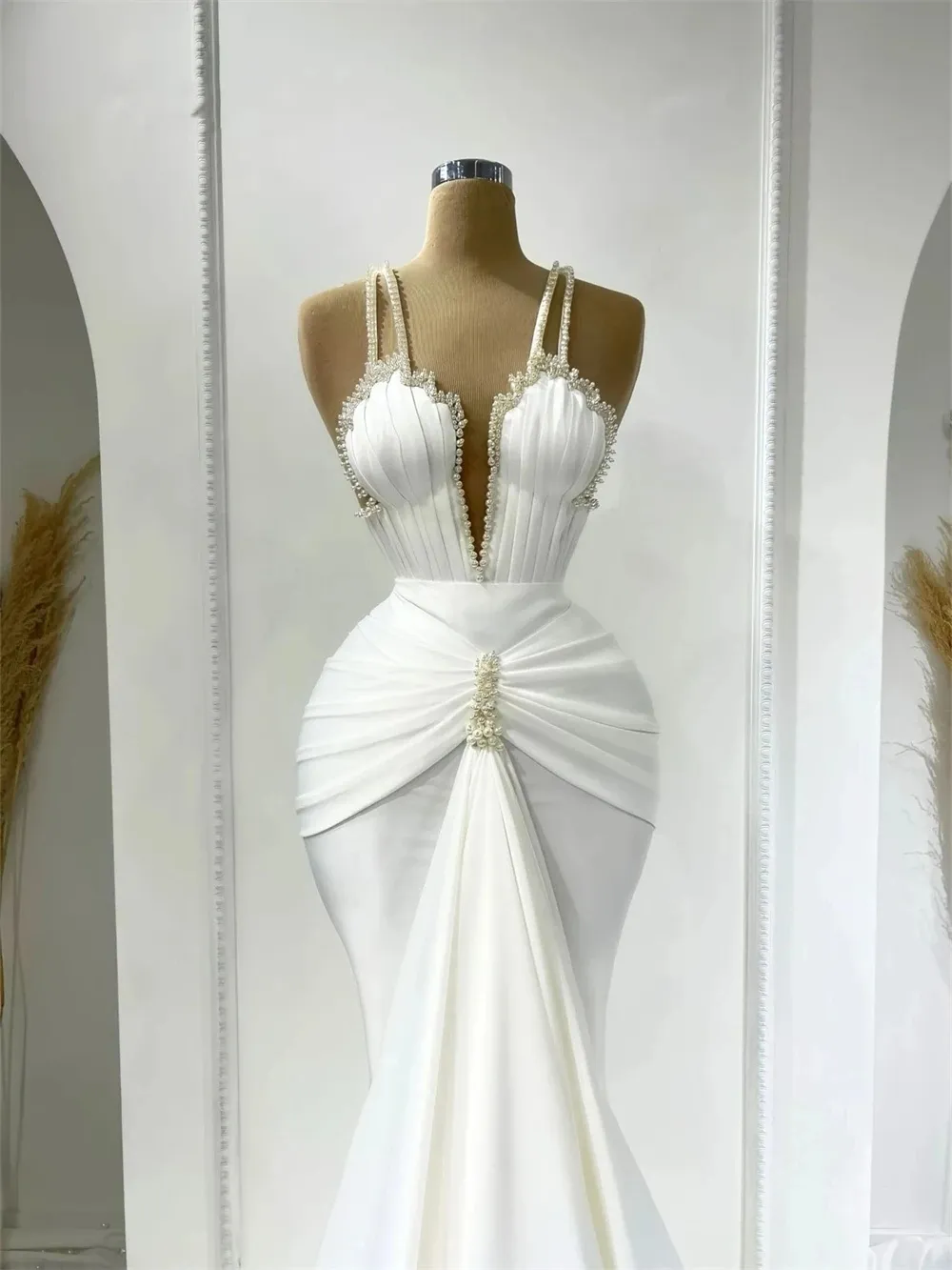strapless satin fit and flare wedding dress Fitted Square Neckline Wedding Dress – misaislestyle main image 0