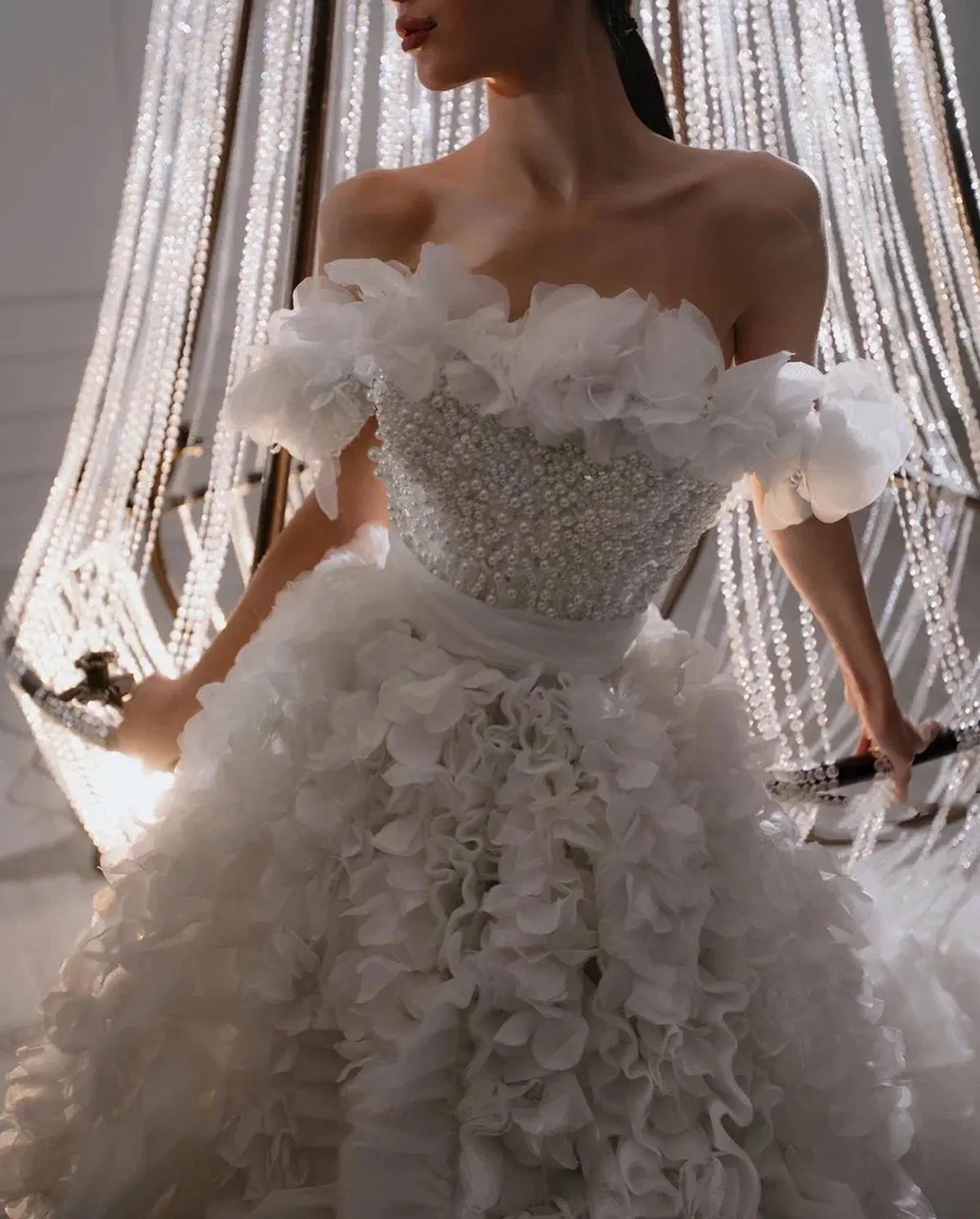 Off-Shoulder Sleeveless frill gown for Wedding with Pearls Tiers, Ruffle Sweep Train - Custom Made for Fashionable Women's Wedding Off-Shoulder Sleeveless frill gown for Wedding with Pearls Tiers, Ruffle Sweep Train - Custom Made for Fashionable Women's Wedding