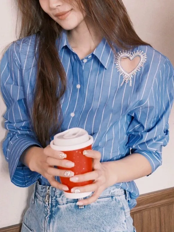 Save Big on Bulk Sandro Shirt 2024 Spring/Summer New Sandro Designer  Diamond Heart Hollow Blue And White Striped Shirt Long Sleeved Women's Top  Best