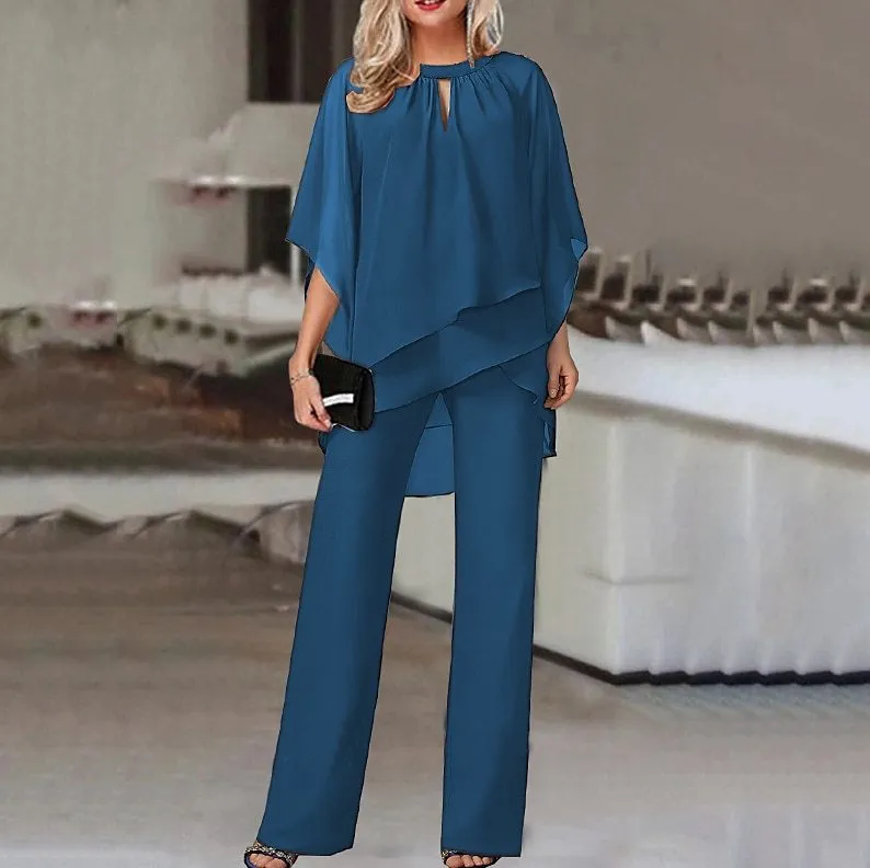 Women Two Piece Pants Wedding Guest Chiffon Pant Suits Elegant Half Short  Sleeve Set Formal Evening Party Outfit From Luote