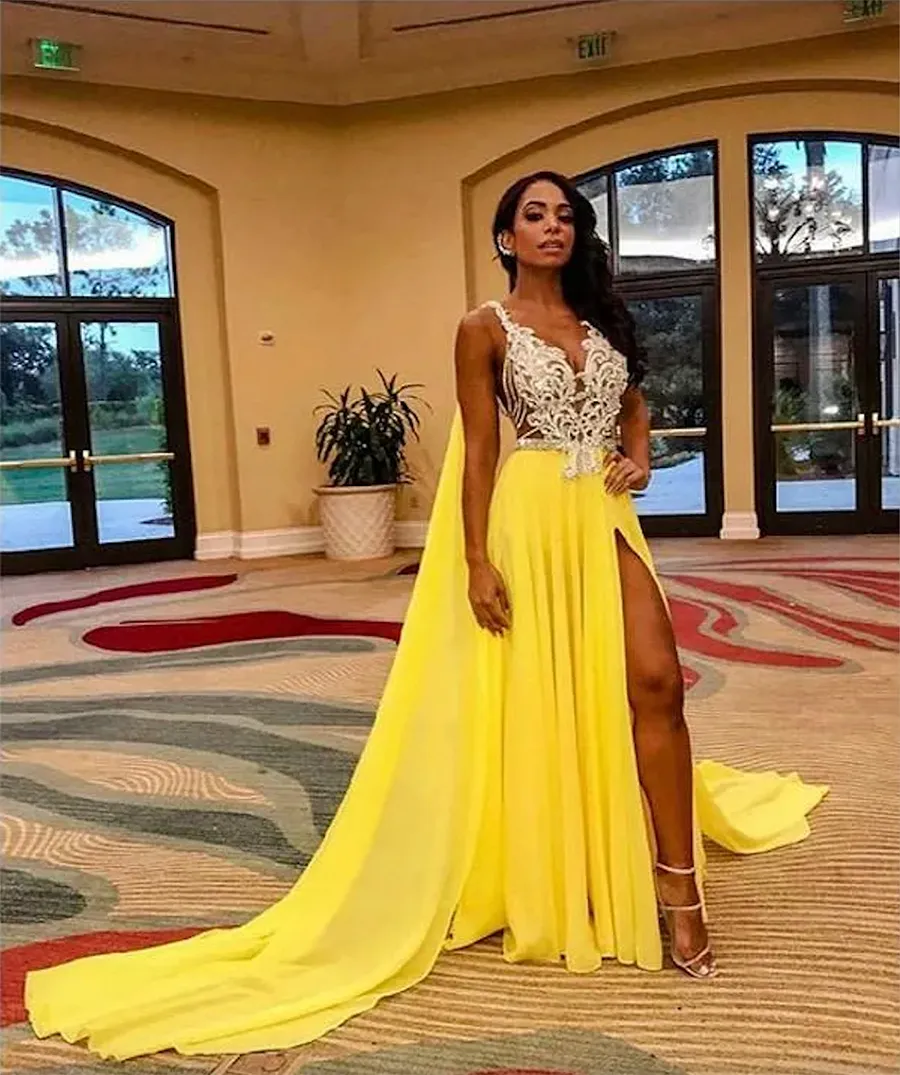 Yellow Summer Bright Prom Dresses With Wrap Appliqued Lace Beads Sleeveless Formal Custom Made Sexy Illusion Sweep Train Evening Dress Vestidos De Noit From 94 6 DHgate
