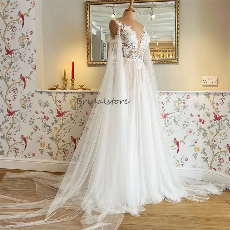 Fairytale Elvish Boho Wedding Dress, Lace Applique Tulle Gown with Caped Illusion, Scoop Neck, Sleeveless, Sweep Train - Modern Vintage Bridal Gown ... Fairytale Elvish Boho Wedding Dress, Lace Applique Tulle Gown with Caped Illusion, Scoop Neck, Sleeveless, Sweep Train - Modern Vintage Bridal Gown ...