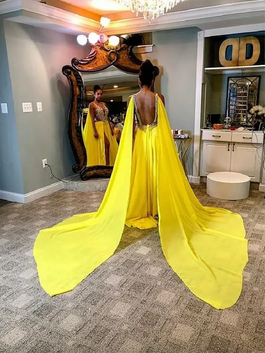 Yellow Summer Bright Prom Dresses With Wrap Appliqued Lace Beads Sleeveless Formal Custom Made Sexy Illusion Sweep Train Evening Dress Vestidos De Noit From 94 6 DHgate
