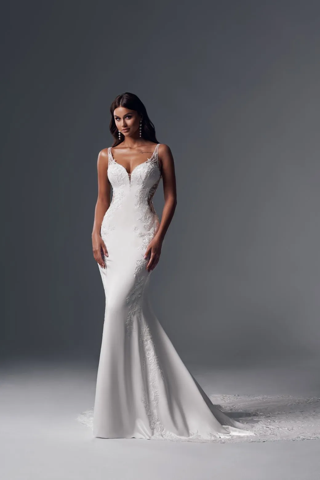 chinese dress ladies Lace Spaghetti Straps Mermaid Wedding Dress with Train C0020, White main image 1