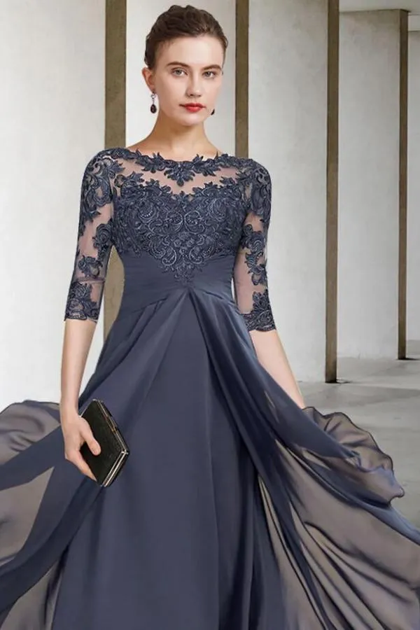 Elegant Lace Mother Dress With Sheer Crew Neck And Chiffon Elegant Lace Mother Dress With Sheer Crew Neck And Chiffon