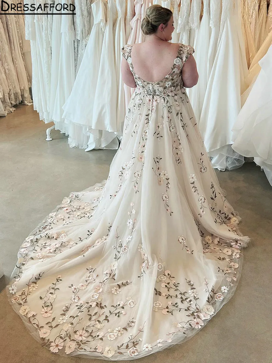 Off Shoulder Floral Embroidered A Line wedding attendee dress for Plus Size Brides with Open Back Vestidos De Novia