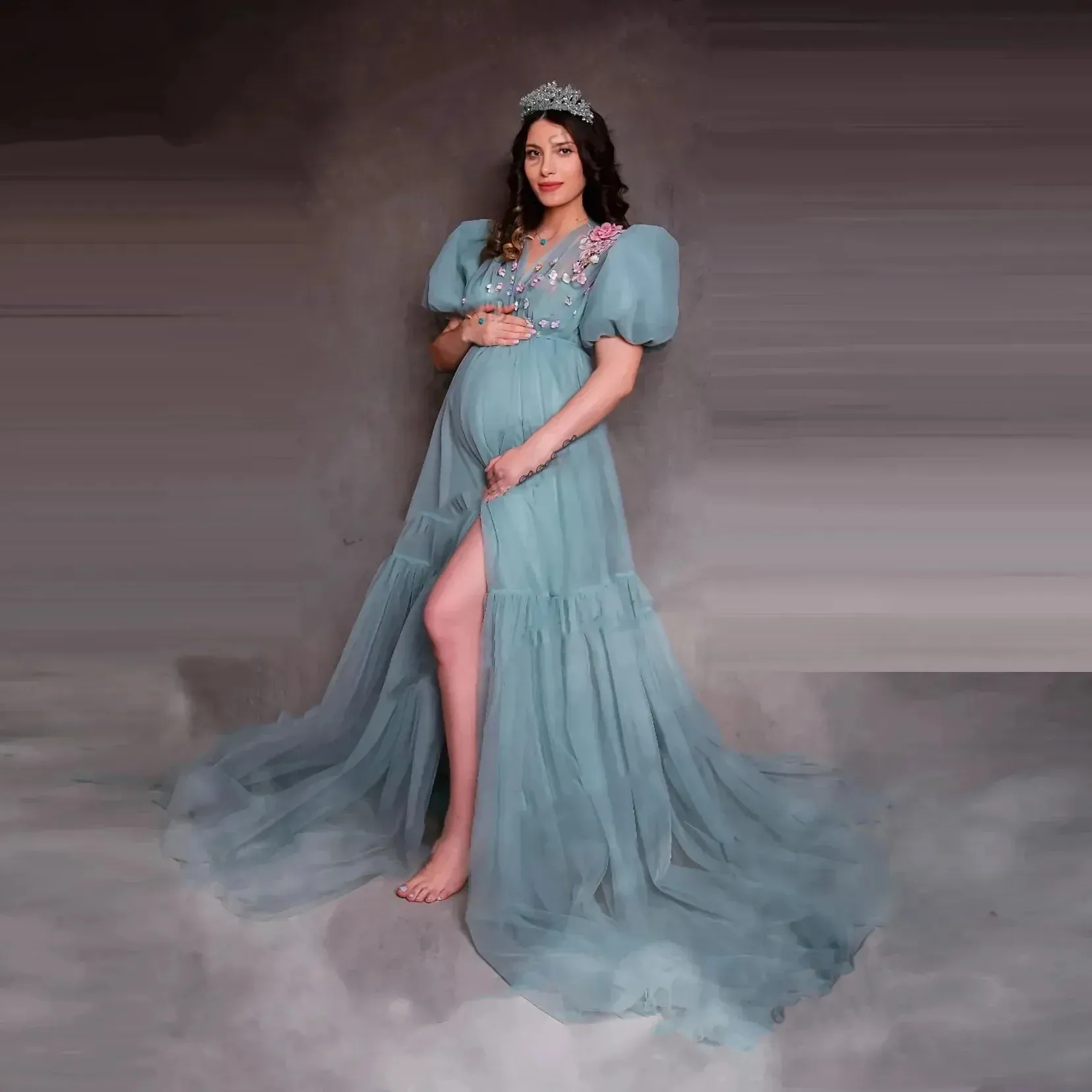 white christmas dresses Pregnancy Chiffon Lace Long Maternity Gown Photoshoot Dress main image 0
