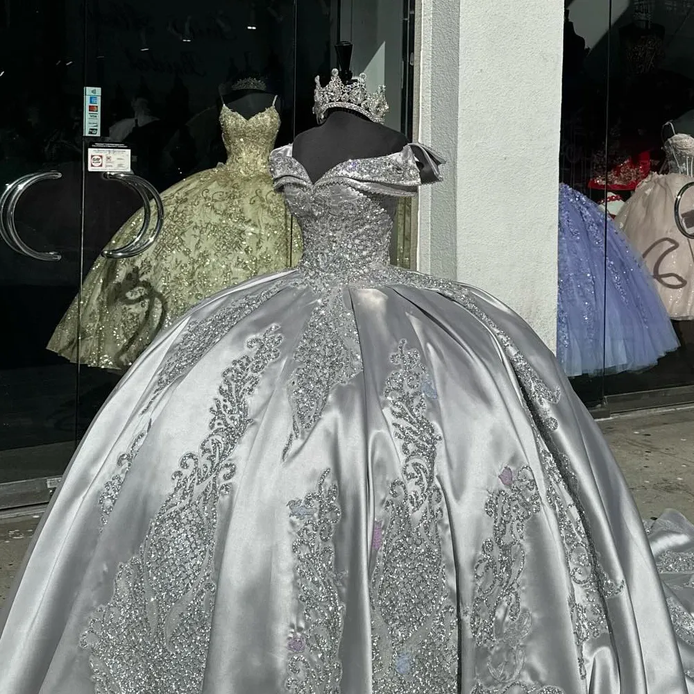 Aso Ebi Beaded Pearls Lace Silver Grey Quinceanera Dress Satin Ball Gown  V-Neck Off Shoulder with Embroidery Appliques and Court Train from Dhgate Quinceanera  Dresses - price 570.6