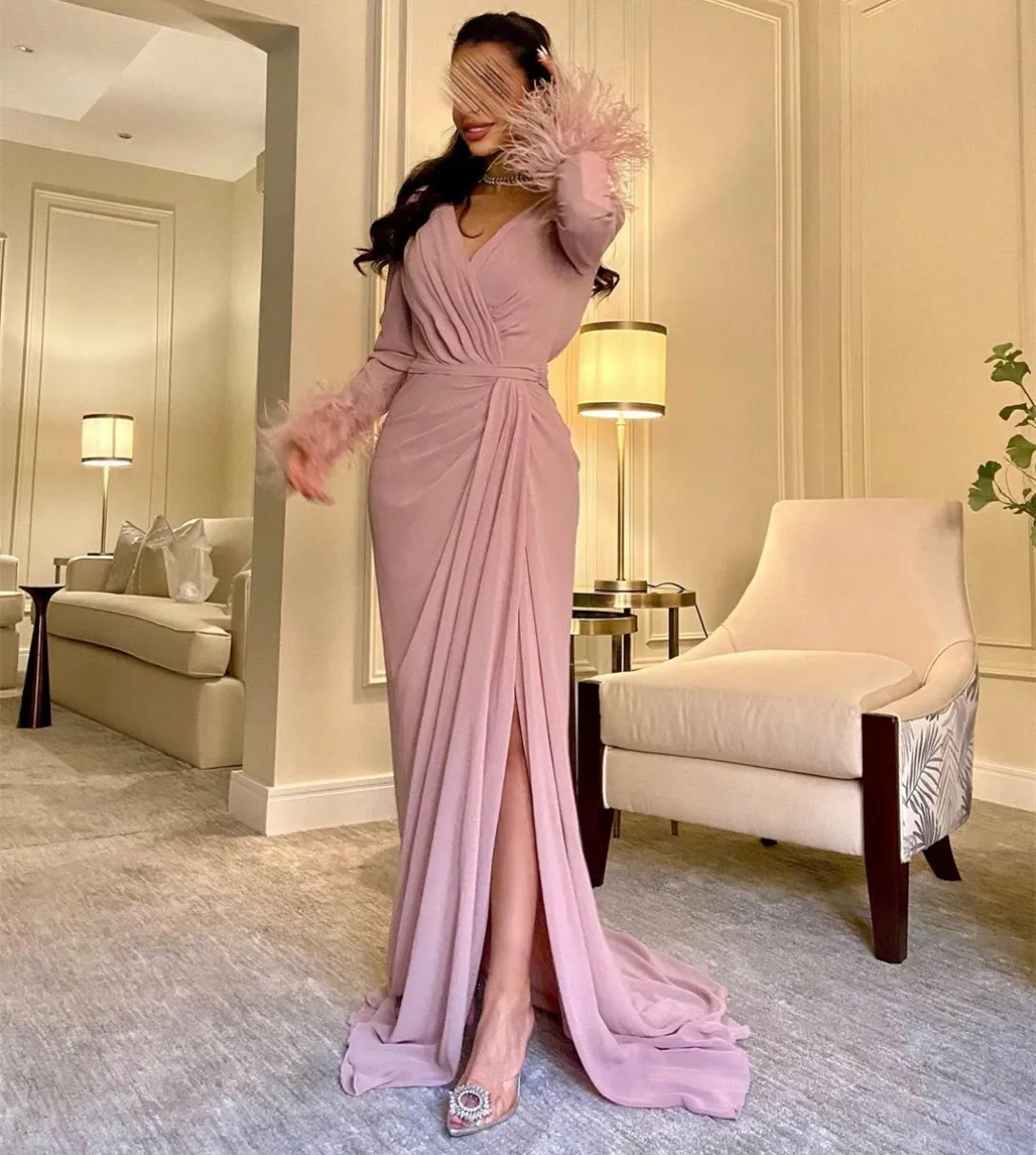 Save Big on Bulk Long Chiffon Prom Dresses Long Chiffon Dress: Elegant Pink  V Neck Evening Gown With Feathers, Slit, And Pleated A Line Middle Sweep