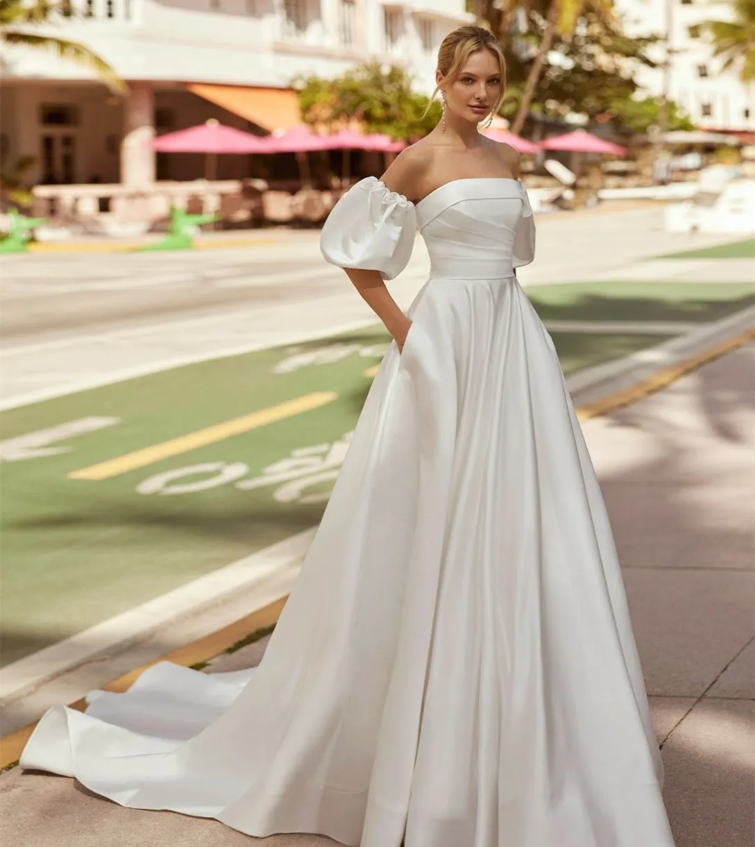 A Line Drape Strapless Satin Wedding Dress With Pockets A Line Drape Strapless Satin Wedding Dress With Pockets