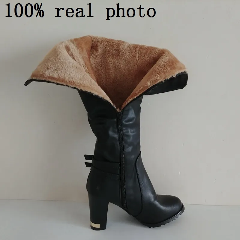 Knee High Chunky Heel Boots Women's Winter Fur Lined Riding Boots Shop  Now!