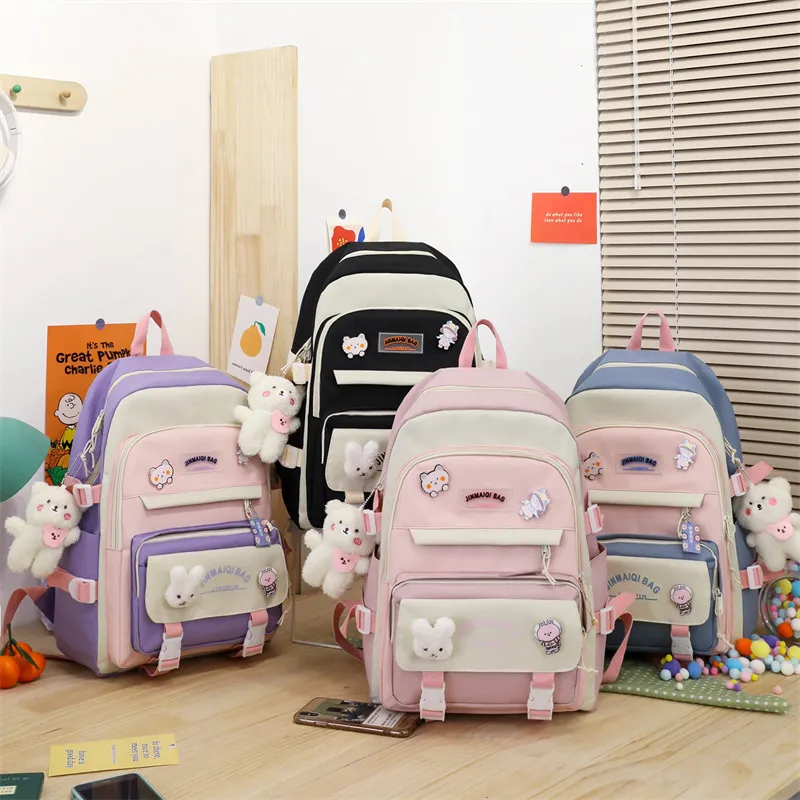 JOYWEI Preppy Backpack With Stuffed Bear Pendant Cute Kawaii Aesthetic