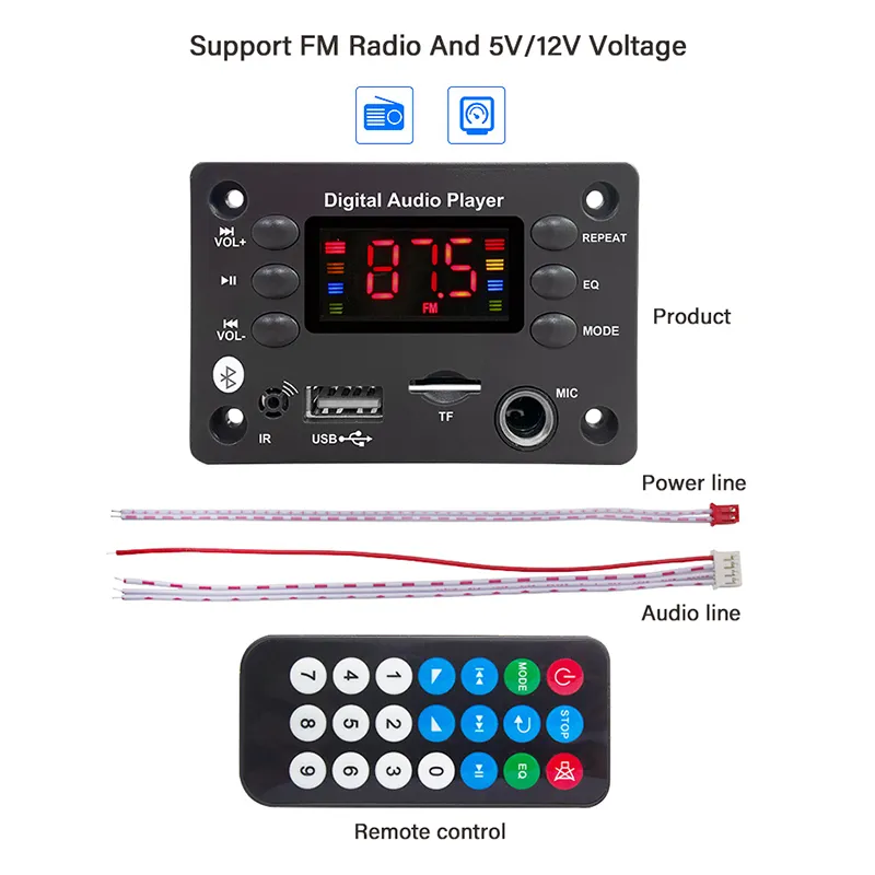 Decoder MP3 Bluetooth 5.0 Con Radio FM - Lettore USB, SD, AUX Per Altoparlanti, 7-25V - Foto 6