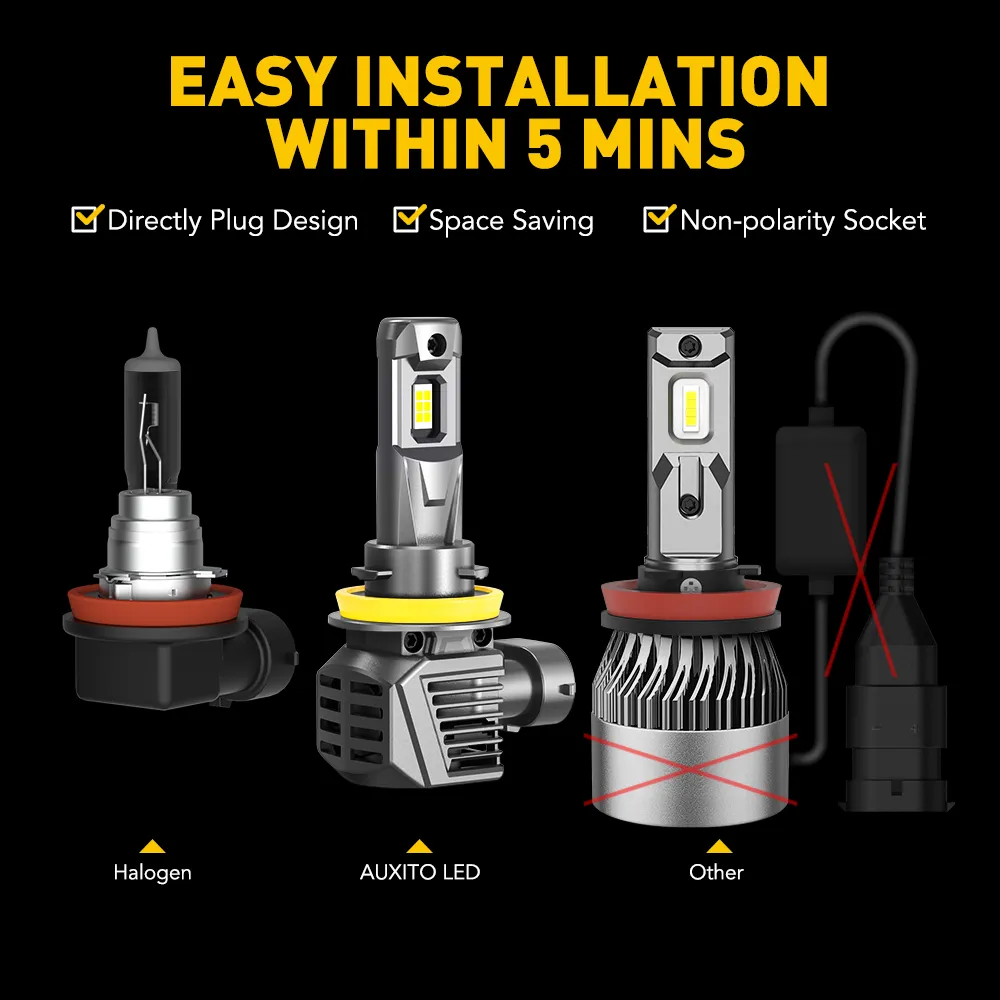 AUXITO H11 H8 H9 LED Headlight Bulbs Kit, 6000K Super Bright Cold White, Canbus Free, IP67 Waterproof, 2 Bulbs