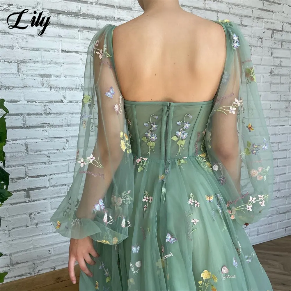 chinese dress ladies Lydia A line Butterfly Lace Tulle Lilac Corset Prom Dress with Slit main image 1