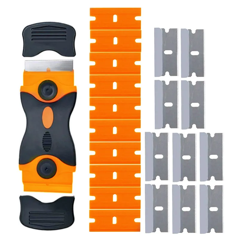 2-Pack 2-in-1 Scraper Tool - ABS Handle, Metal & Plastic Blades, For Glass, Stove, Grill Cleaning (Black Orange) - View #4