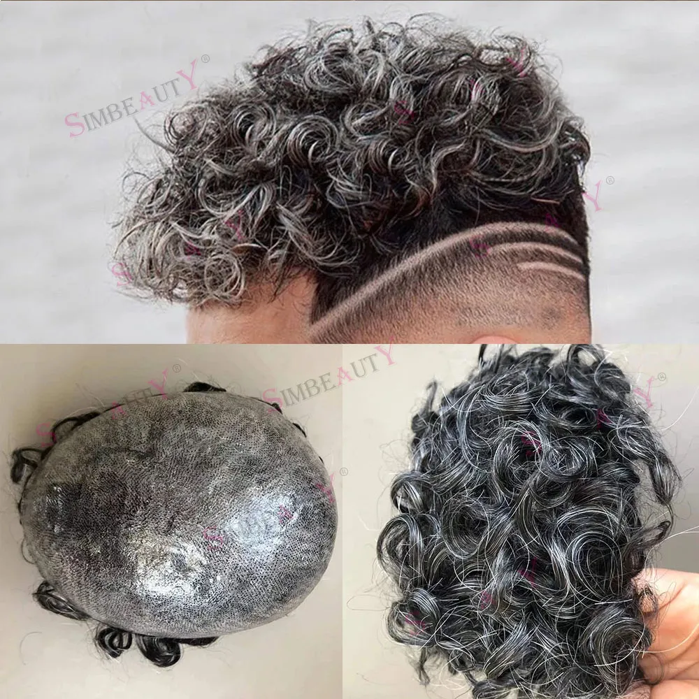 20mm Curly Full Skin PU Base Human Hair Toupee for Men Durable Grey Hair  Natural Hairline, 1B20, Mens Microskin Hairpieces Unit
