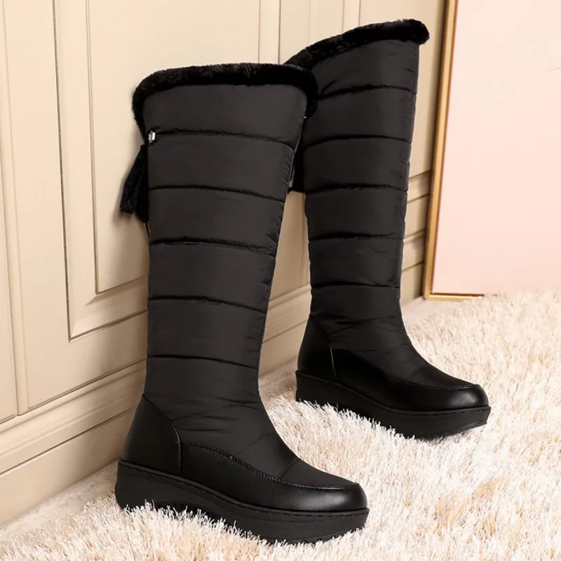 Bottes D'hiver Doublées Pour Femme - Noires, Talon épais, Hautes, Chaudes, Style Motard, Enfiler Facilement
