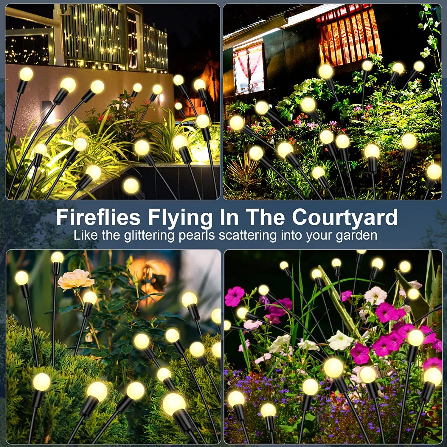 8 LED Solar Firefly Garden Lights - Waterproof, Warm White, Outdoor ...