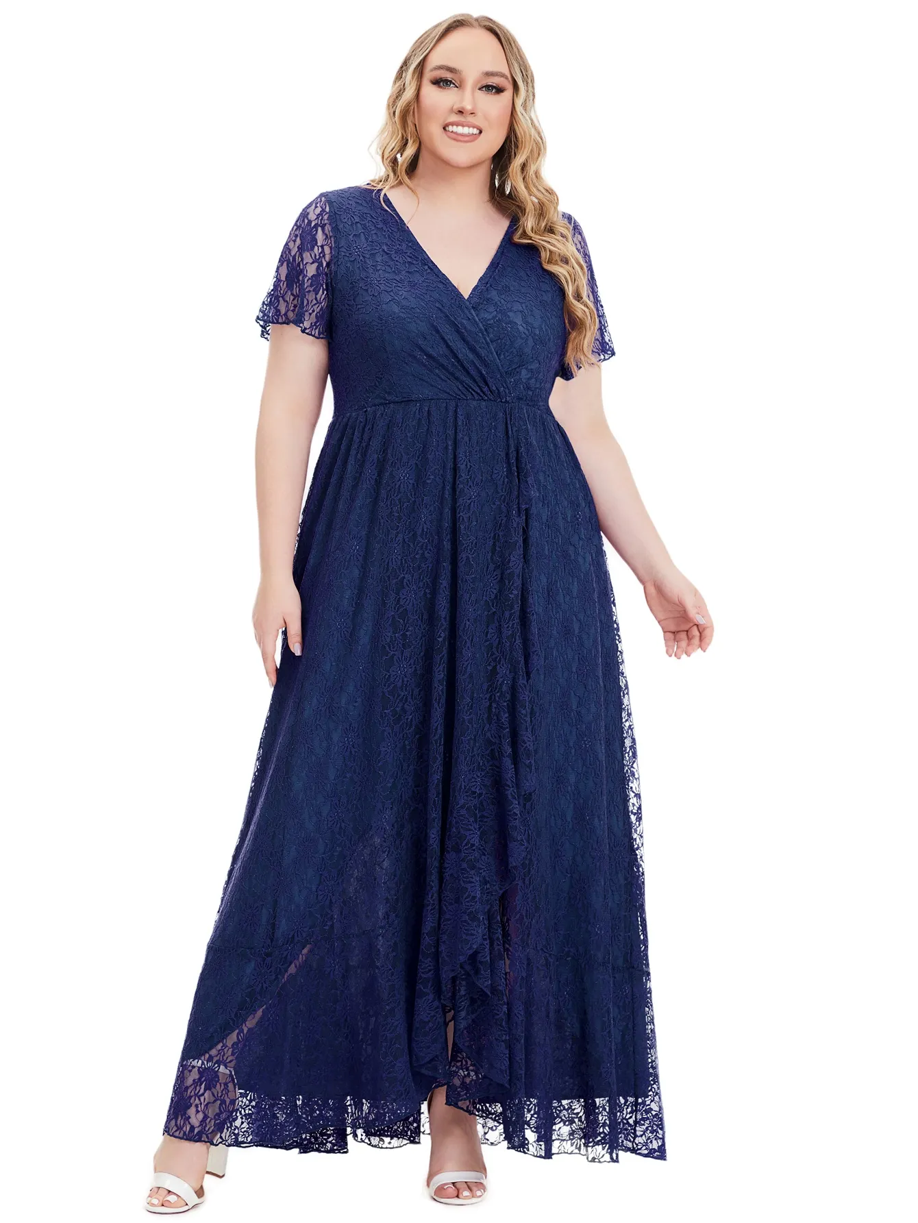 chinese dress ladies Ever-Pretty Plus Size Lace Long Lantern Sleeves V-Neck A-Line Summer Formal Wedding Guest Dress main image 1