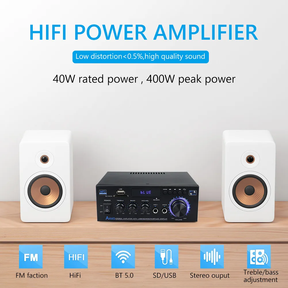 DECOME Bluetooth Verstärker für Zuhause – Dual Channel 60W Stereo USB/SD Hifi Verstärker (2Kanäle, 60 Wattpro Kanal, braun