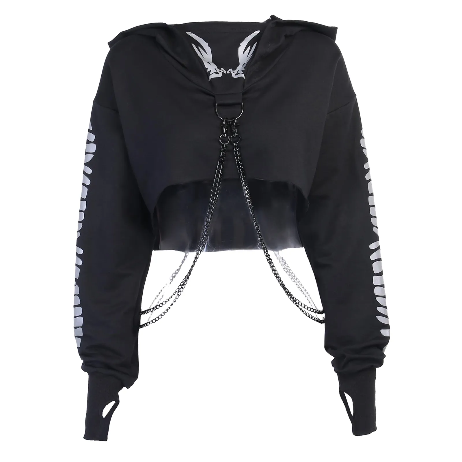 Women s Gothic Reflective Crop Hoodie with Detachable Chain