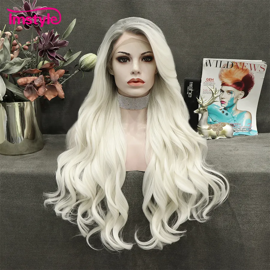 Imstyle White Blonde Wig Long Synthetic Lace Front Wig Dark  display picture 1