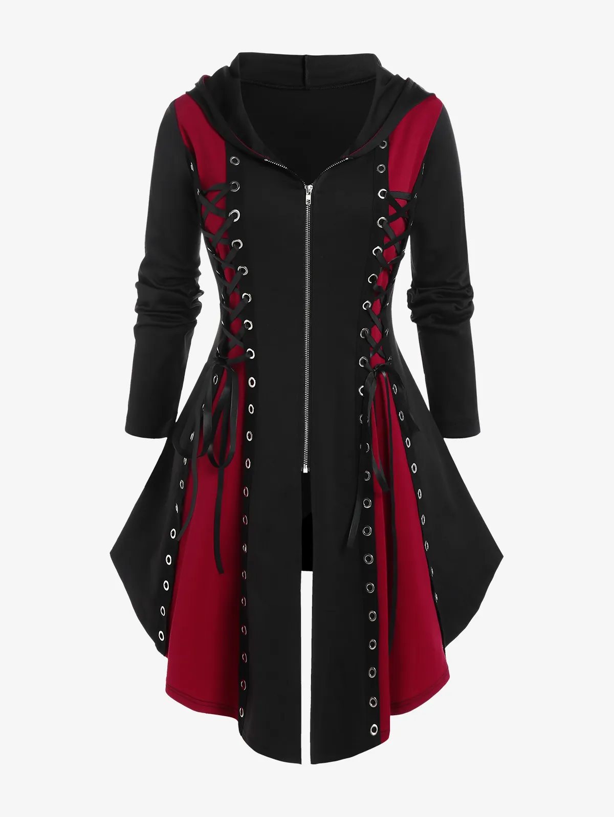 ROSE GAL Gothic Hooded Lace Up Grommets Colorblock Coat Long
