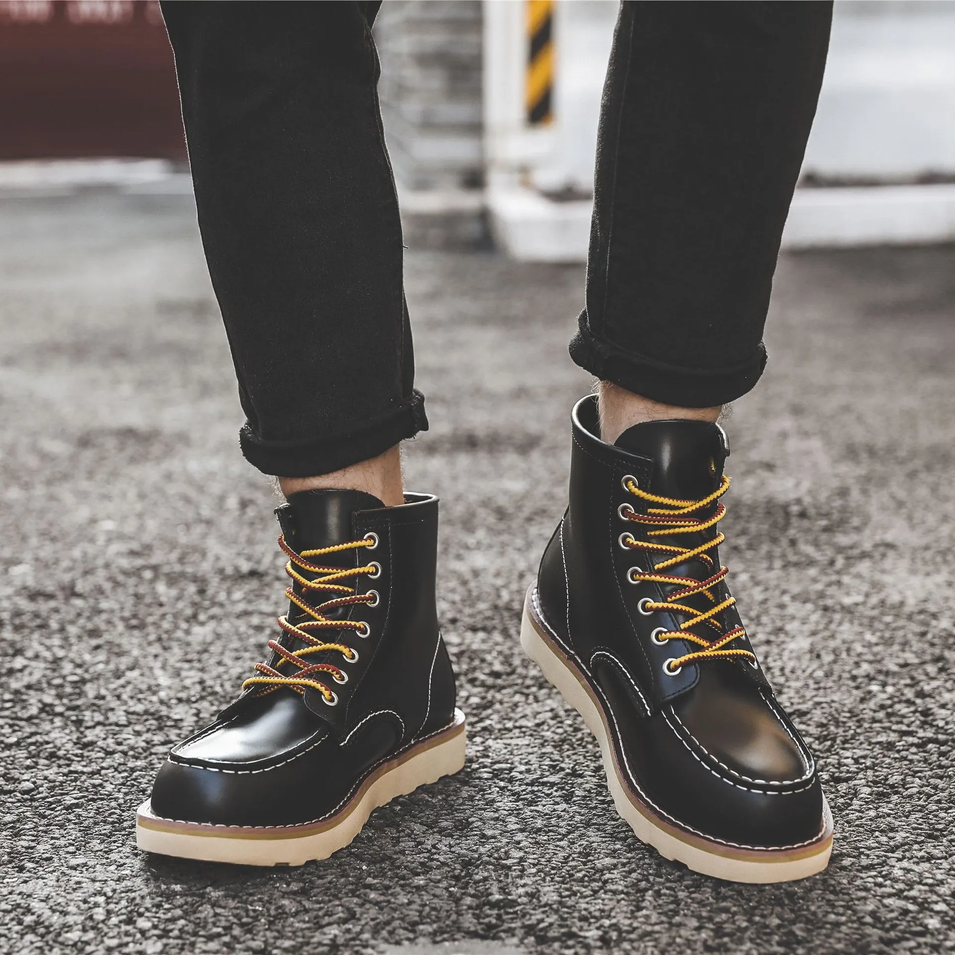 Herren Frühling Winter Freizeitschuhe Runde Zehen Echtleder Arbeitsstiefel Knöchel Vintage Militär Motorradstiefel Schnee Warm Große Größe_voghion.com