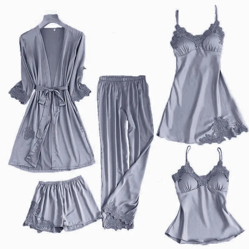 Satin Lace Pajamas Set Women Strap Top Pants Sleepwear Sleep