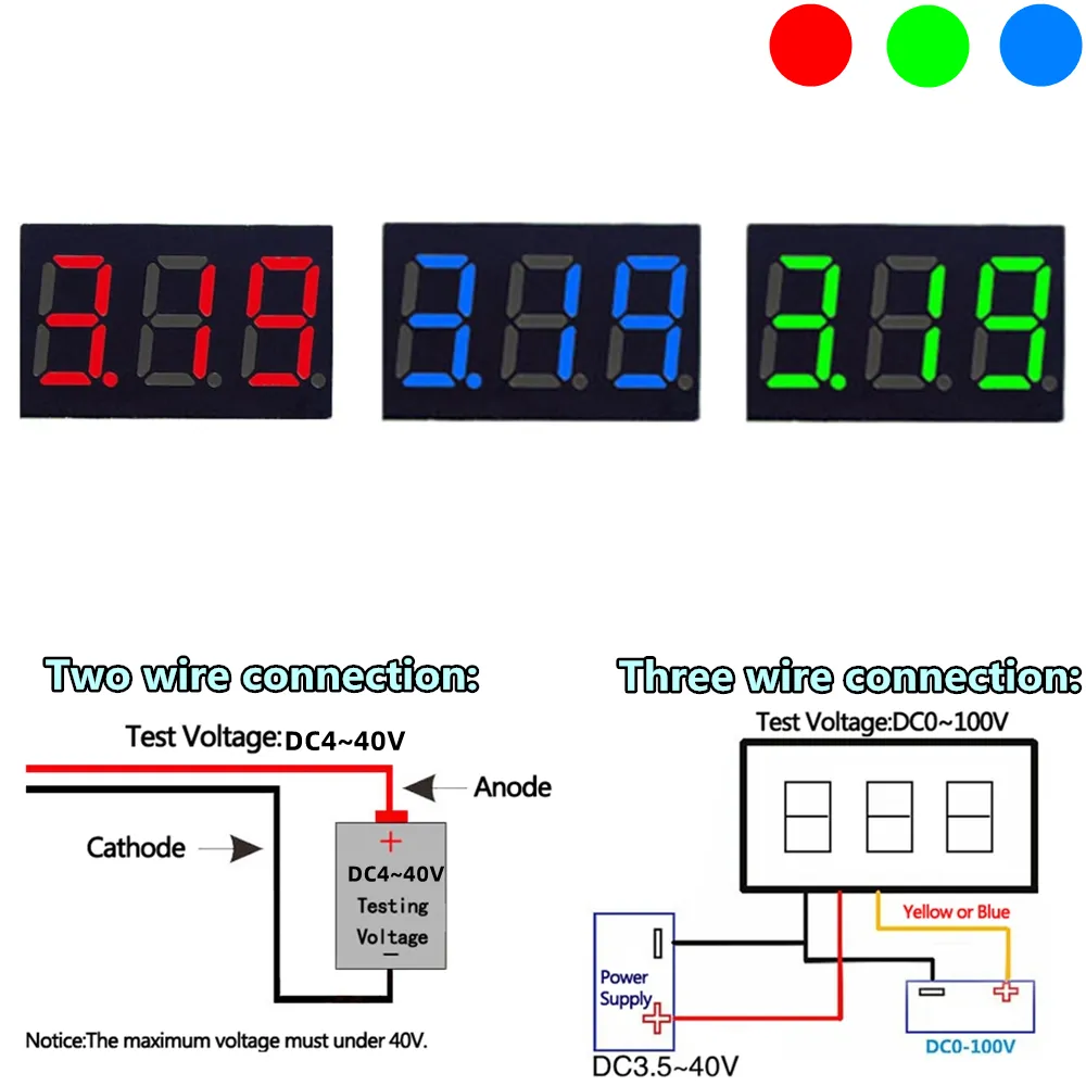 LED Digital Voltmeter Panel - 0.36 inch, 2-Wire DC2.5-30V, 3 LED Digital Voltmeter Panel - 0.36 inch, 2-Wire DC2.5-30V, 3
