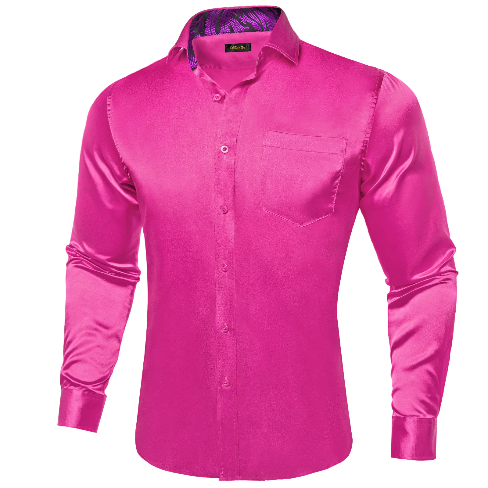 Men's Designer Stretch satin satin button down shirt in Hot Pink with Paisley Splicing and Contrasting Colors - Long Sleeve Social satin button down