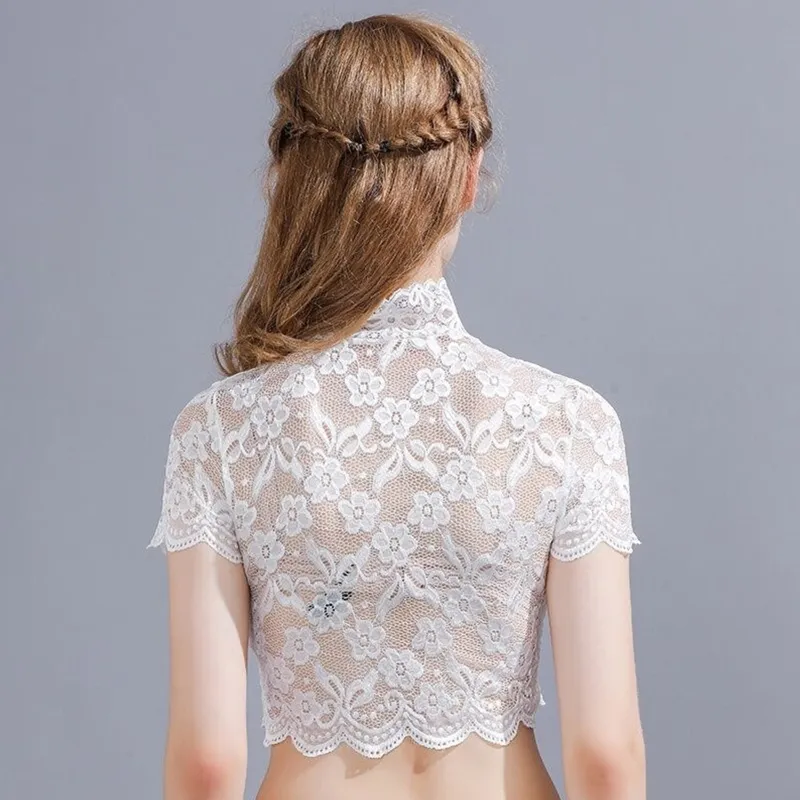 Floral Lace Half Blouse: Elegant Womens Short Sleeve Crop