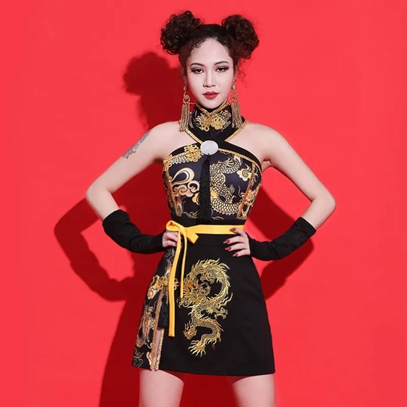 green emerald velvet dress Black and Gold Qipao main image 1