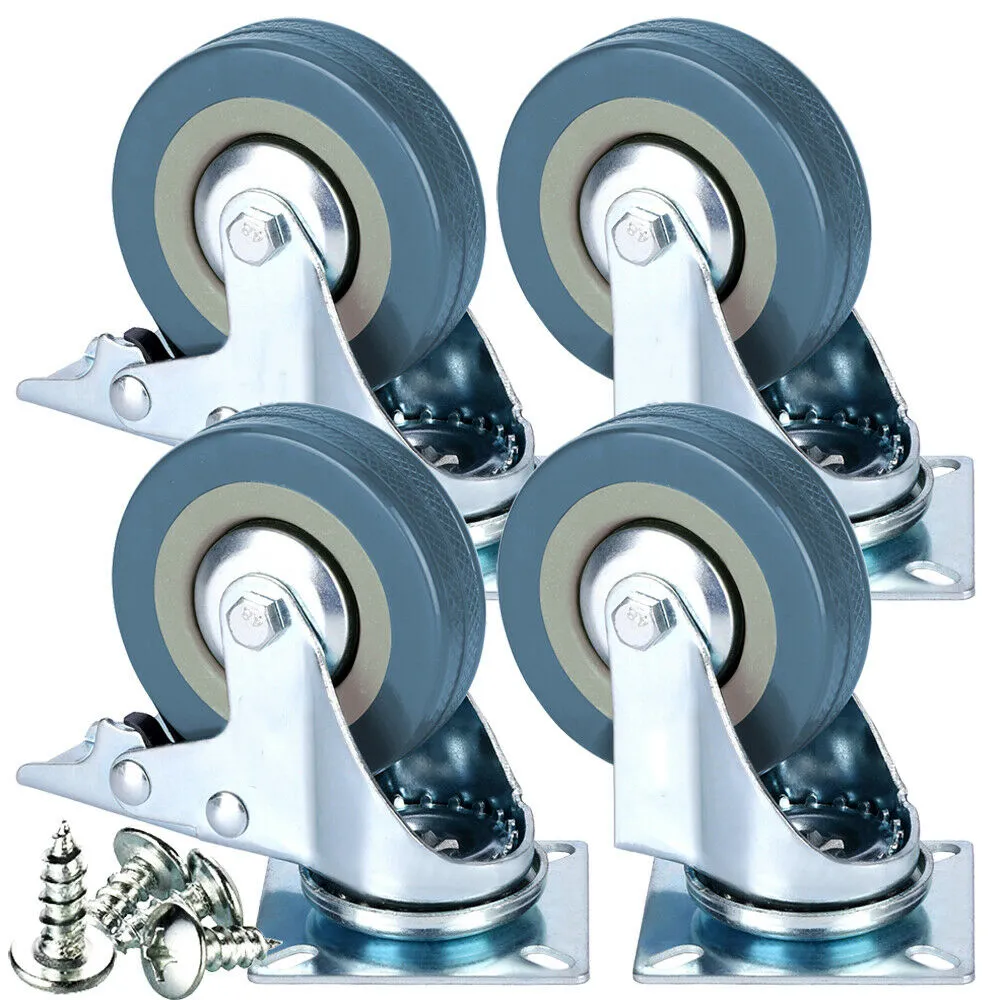 4 Pack Heavy Duty 100mm PU Castor Wheels | 2 Rigid + 2 Swivel With Brake, 540kg Capacity, With Screws