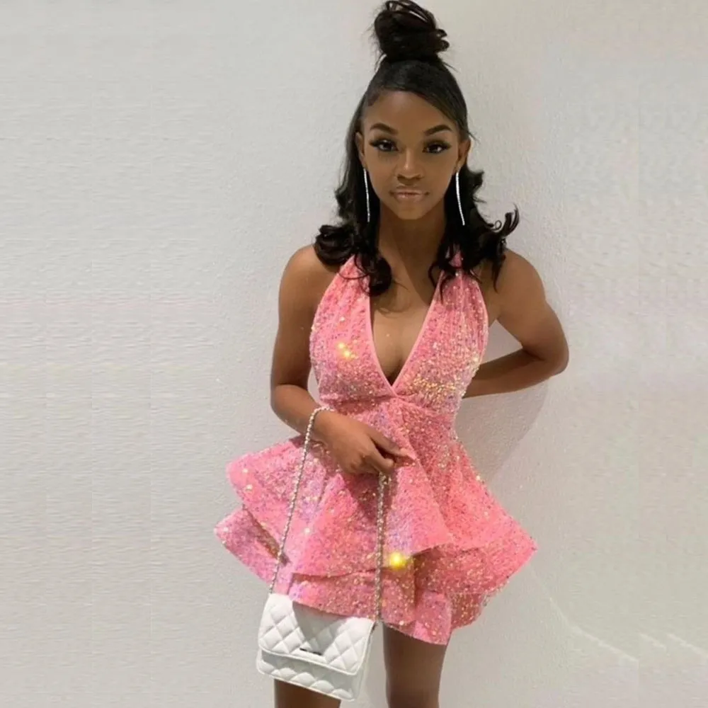 homecoming dresses with built in bras Halter Neck Mini Dress Built-in Bra and Tiered Puffy Skirt Candy Color from Dhgate Cocktail hot pink graduation dress