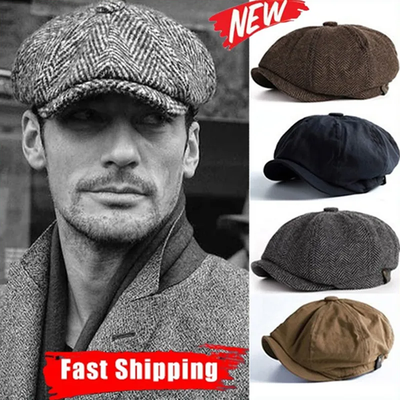 Men's Beret Cap Wool Blend Herringbone Tweed Casual Flat Octagonal