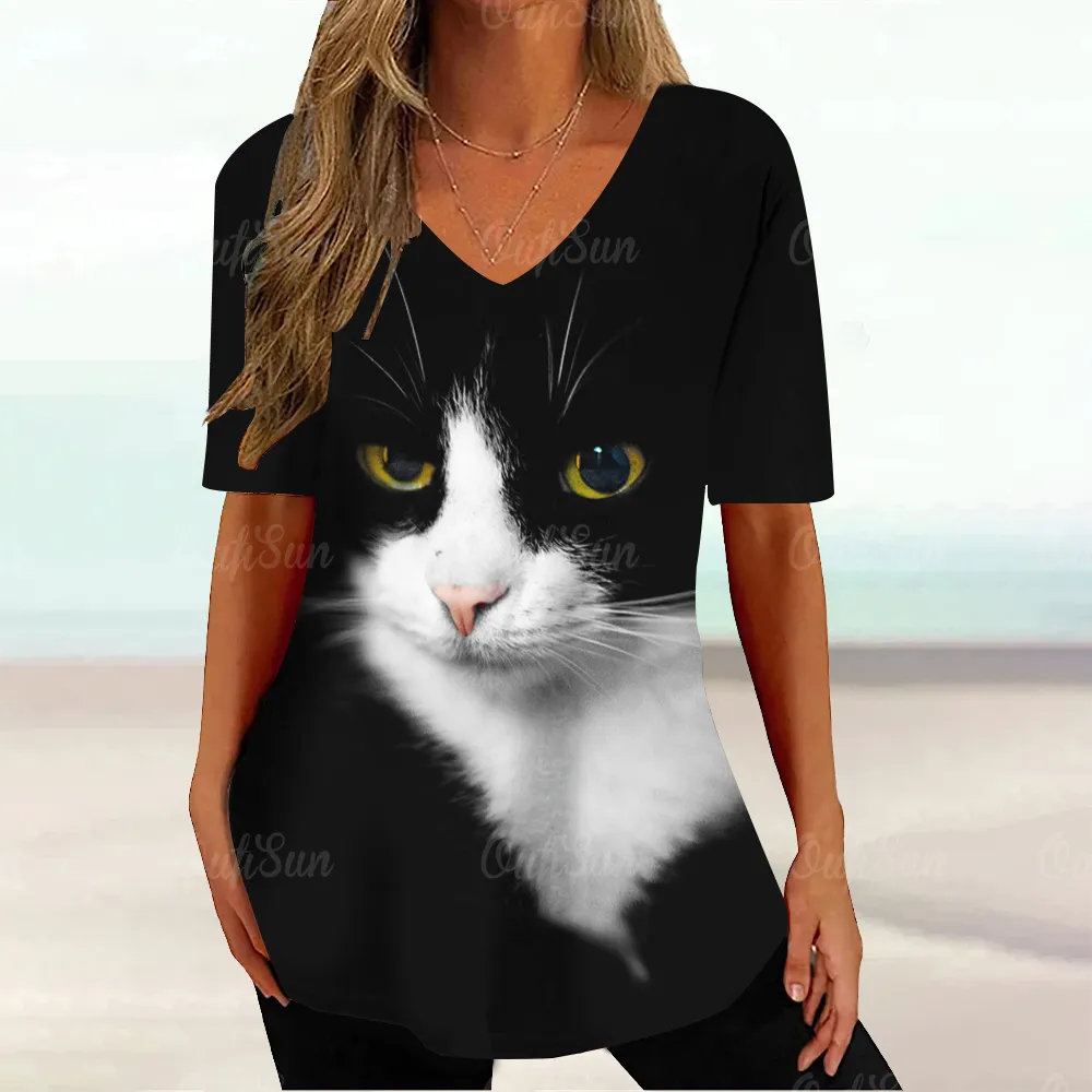 Cat Cute V Neck Shirts Black Cat V-neck Shirt, Cat Lover Shirt