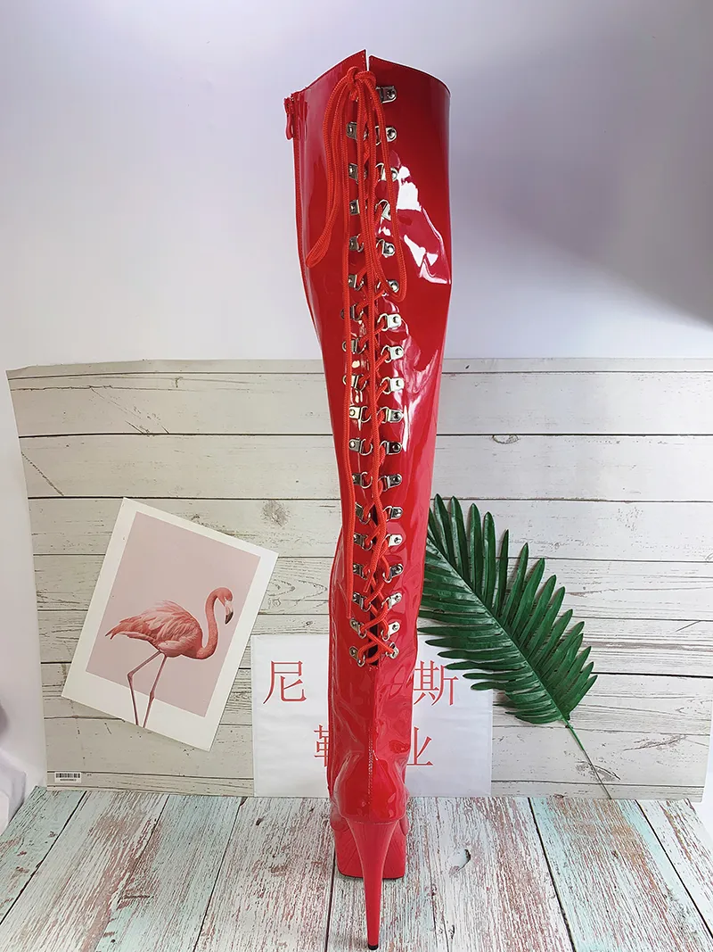 Red pvc knee high boots sale