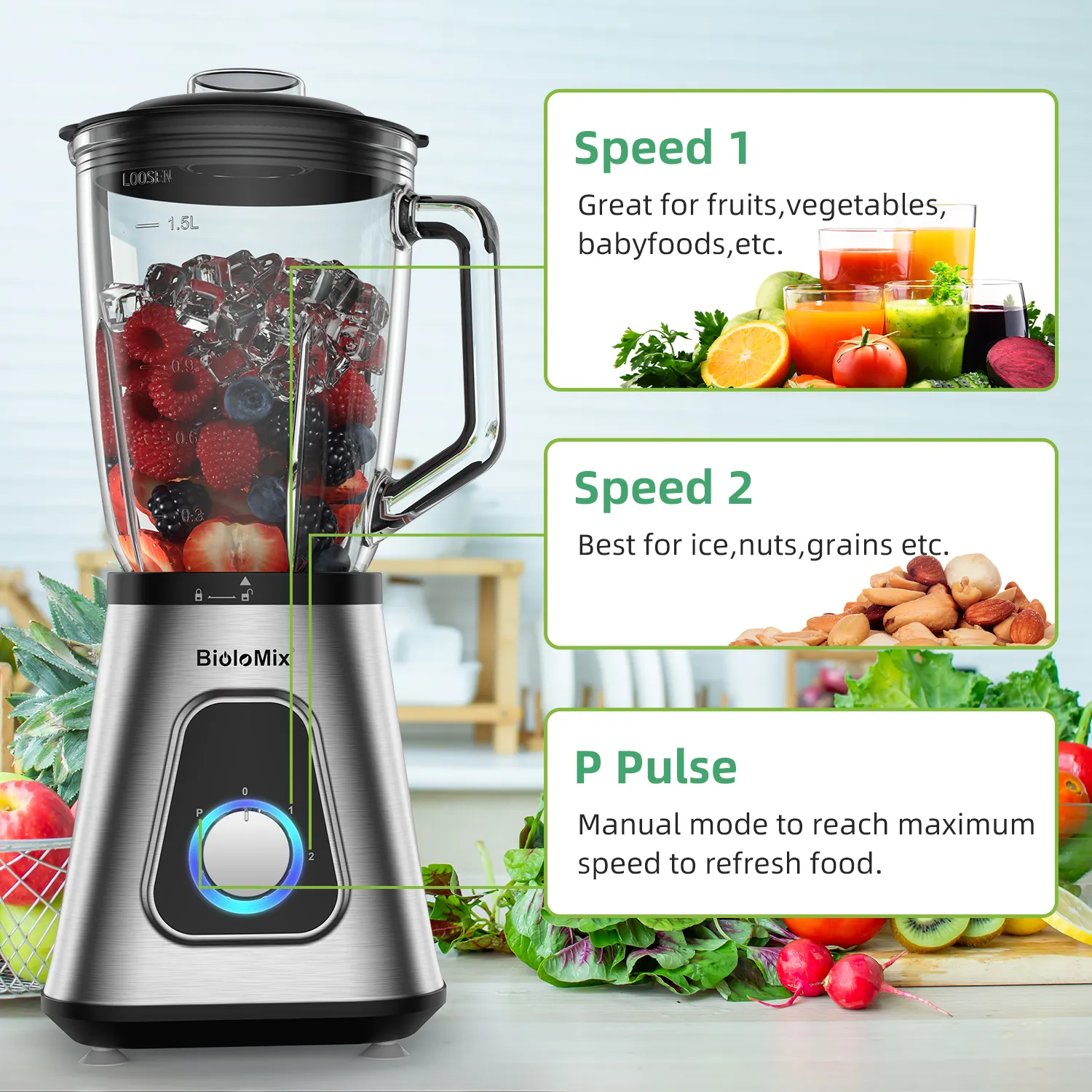 BioloMix 1300W Smoothie Blender with 1.5L Glass Jar for Frozen
