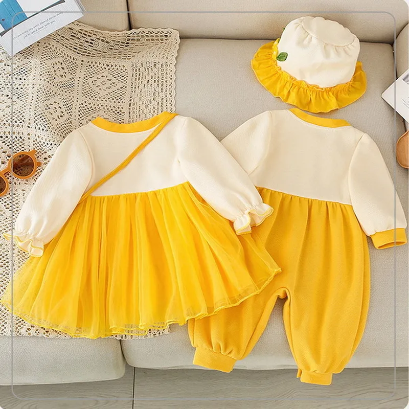 Autumn Family Matching Outfits Sunflower Yellow Cotton Long Sleeve Dresses  Romper Cap for Girls from Dhgate layette set - price 29.47