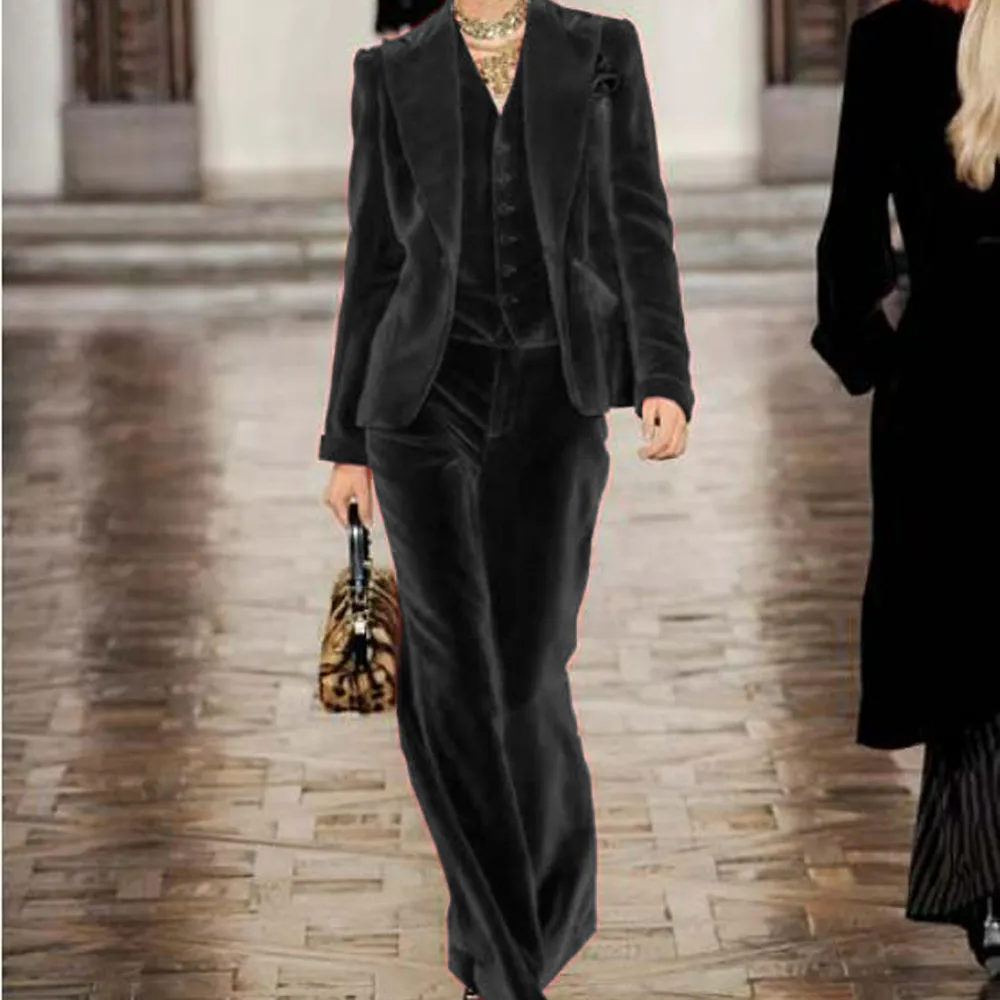 Women s Velvet Suit Elegant 3 Piece Set Jacket Vest Pants for Sophisticated Style