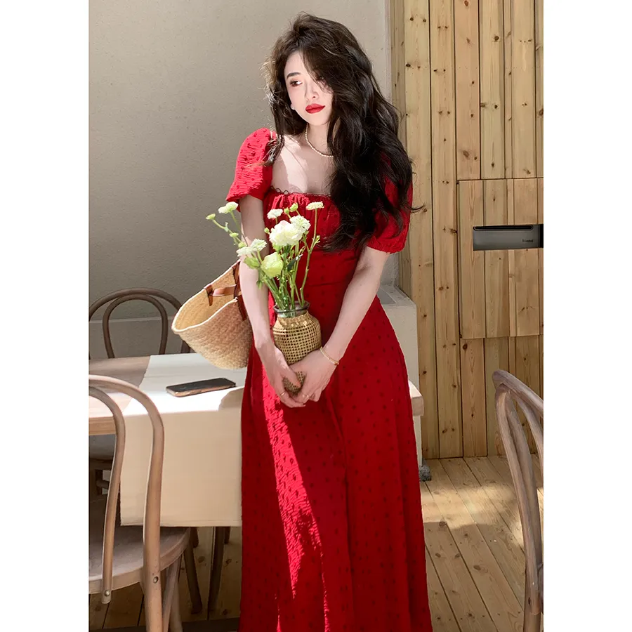 French Vintage Midi Dress for Women Summer 2024 Square Collar Empire Waist  Red from Dhgate Maternity Swimwears - price 55.65